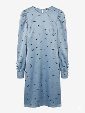 H&M Women’s Blue Satin Bird Print Long Sleeve Dress Size 4